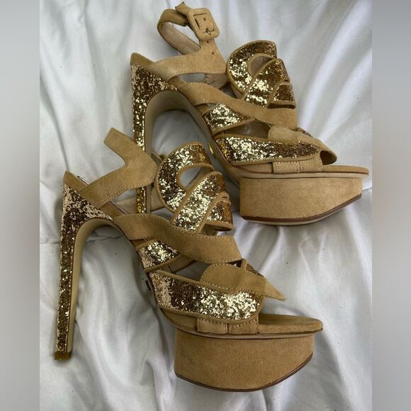 ABS Gold Glitter Platform Heels. Size 8.5 - Picture 1 of 8